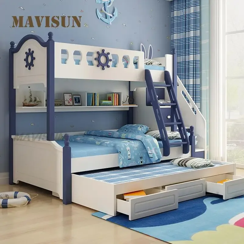 bed Nordic Style Modern Small Apartment Home Children Two-Layer With Drawers Convertible Combination Kid Wood Bunk