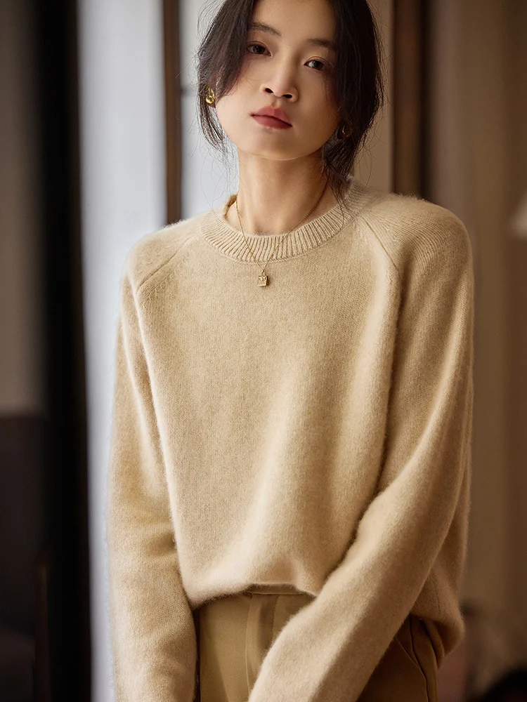 TLOML Nowy Damski Sweter z Długim Rękawem Jesienno-Zimowy 100% Wełna Merino Dekolt Okrągły Kaszmirowy Sweter Dzianinowy Miękki Podstawowy Top Damski