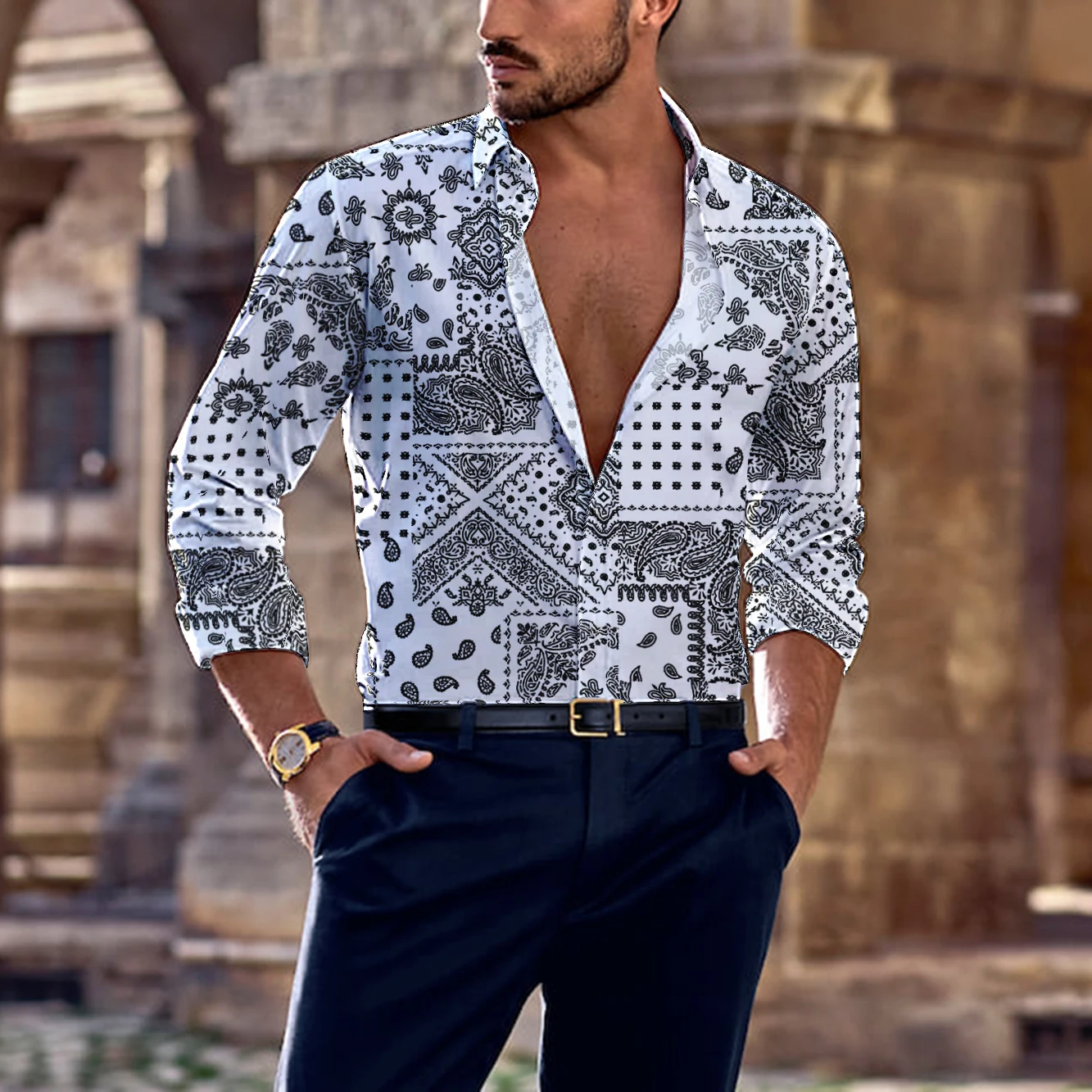 Men Summer Fashion New Long-Sleeved Shirt Cashew Flower 3D Printing Business Leisure Party single Breasted Hawaiian Beach Shirt