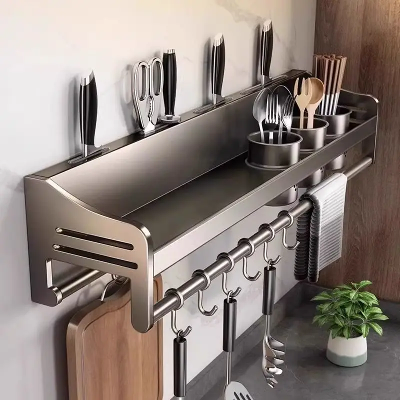 Wrought iron seasoning knife, spoon rack, no punching, multi-functional integrated household seasoning wall-mountedknife holder