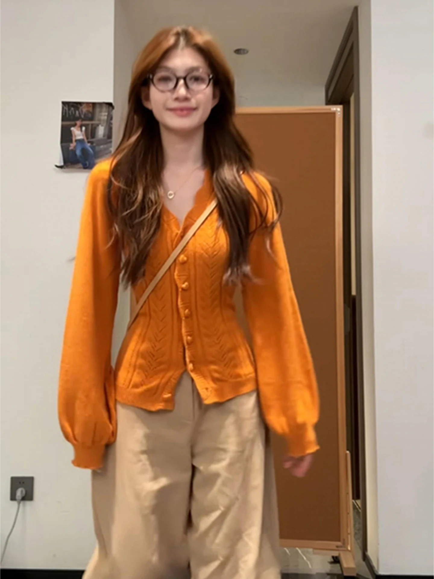 

Orange V-Ne Twisted Knit Sweater Cardigan Women's Autumn Winter Slim Fit ort Sle Korean Faion Outerwear Top