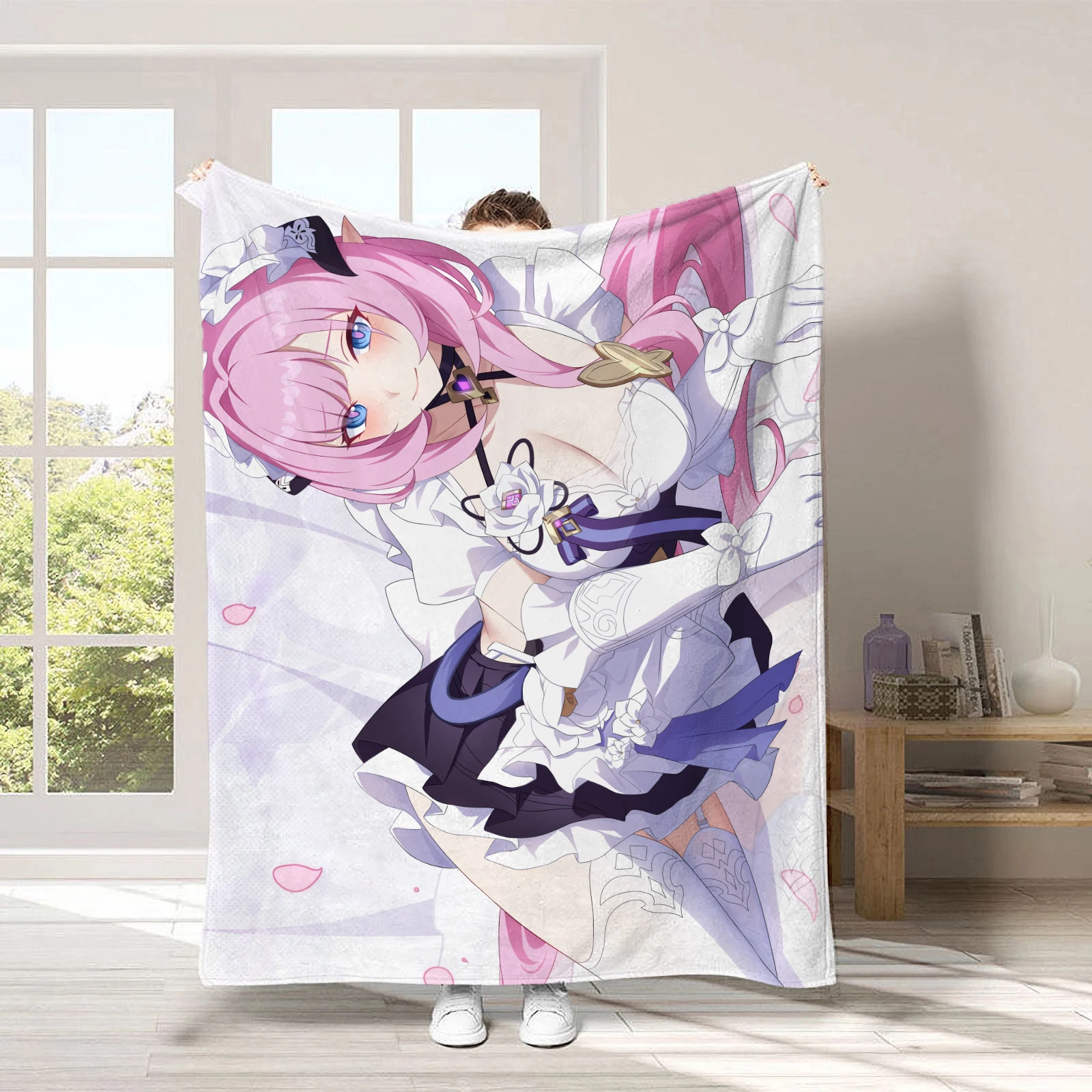 Custom Pink Elf Anime Flannel Throw Blanket 150x200cm Soft Warm Fantasy Girl Sofa Bed Nap Gift for Weebs