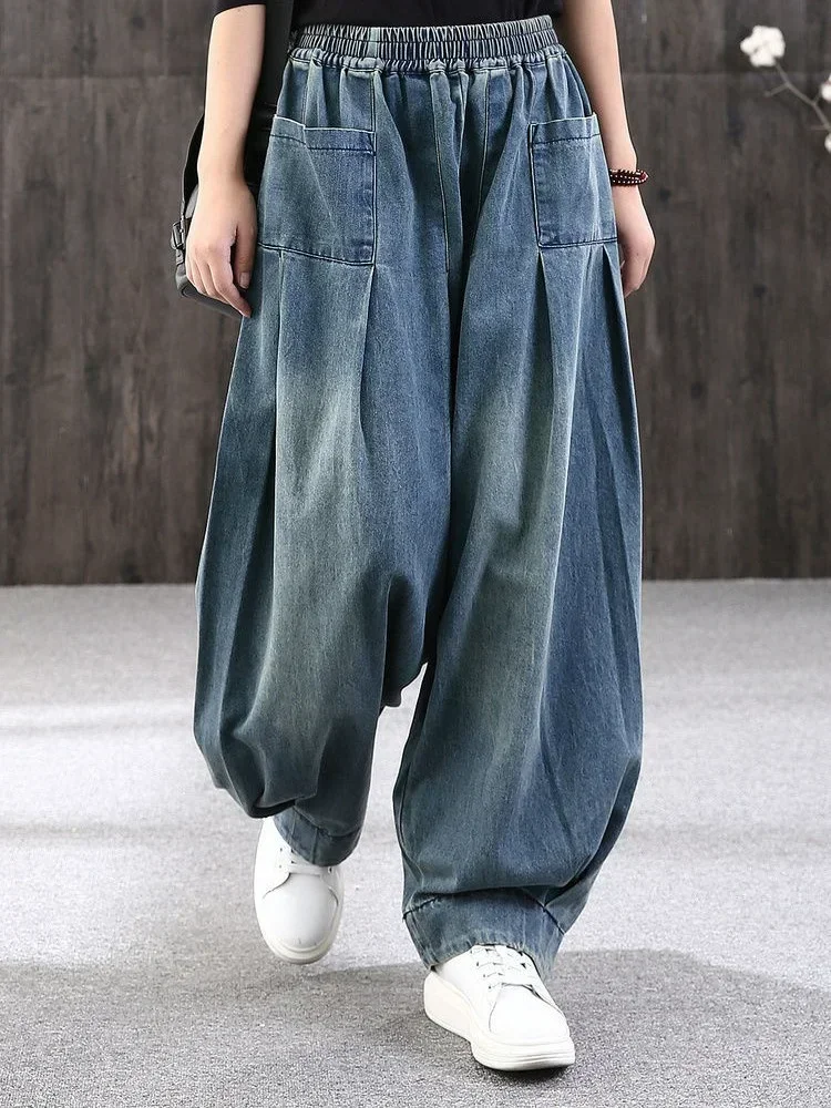 

Loose Fashionable Vintage Casual Button Pockets Haren Pants Elastic Waist Solid Streetwear Handsome Women's Clothing Pleated