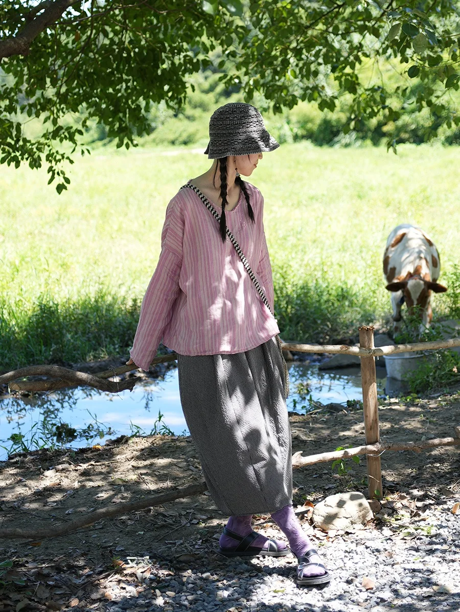 

Свободный льняной комплект для ленивого дизайна в полоску Long Sve Relaxed Feel Plaid Long Dr Женский комплект Faion Осень-зима Повседневная одежда