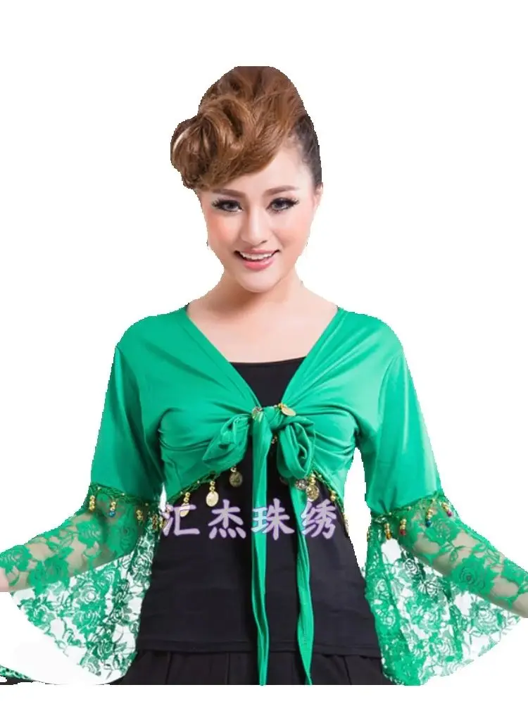 Dance clothes belly dance top lace long-sleeve plus size 1pcs/lot free sshipping Fashion Indian dance clothing trumpet sleeve