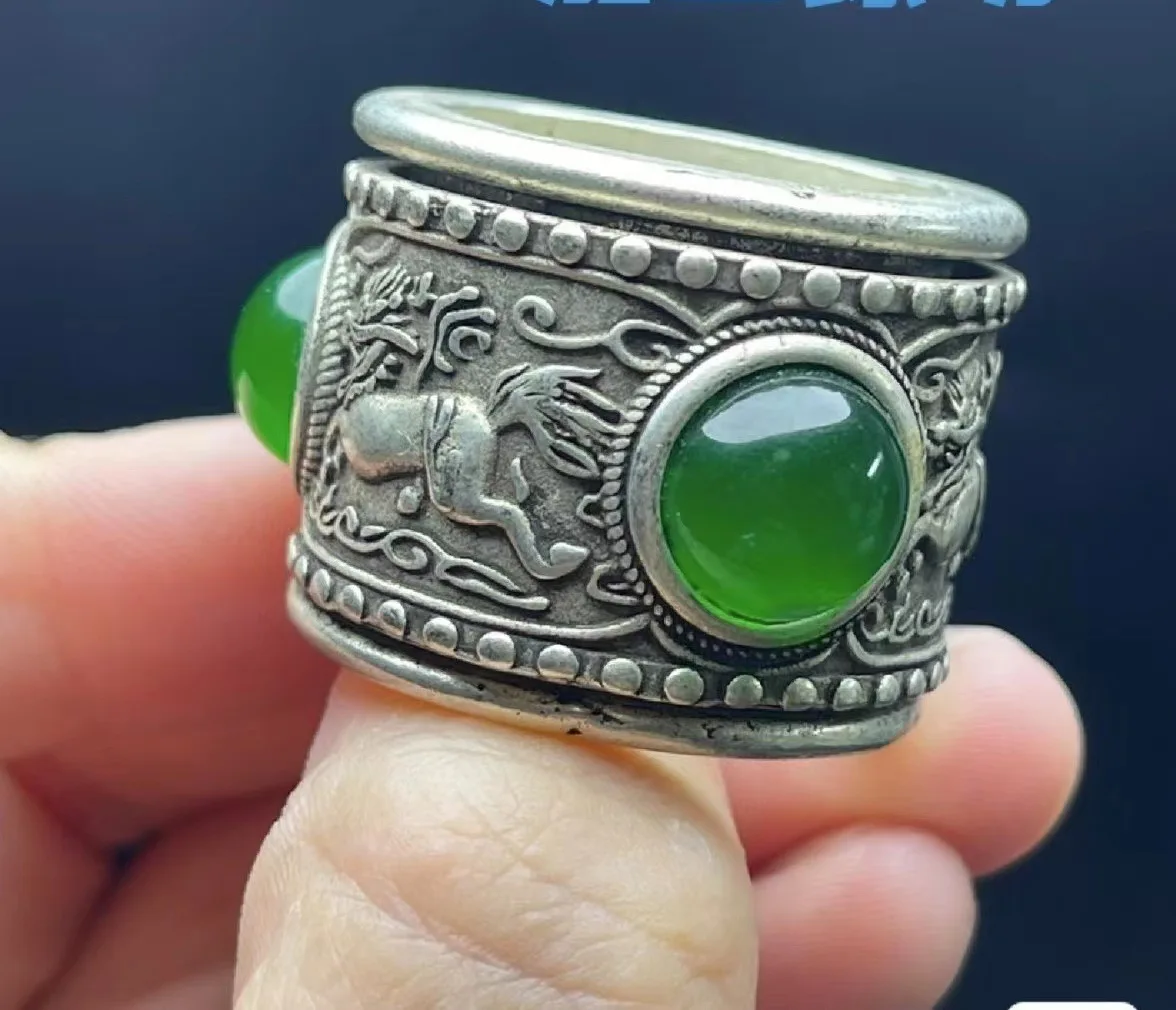 Antique Miscellaneous Retro Ring White Copper Silver-Plated Kirin Ring Inlaid with Gemstone Rotatable Ring Bracelet