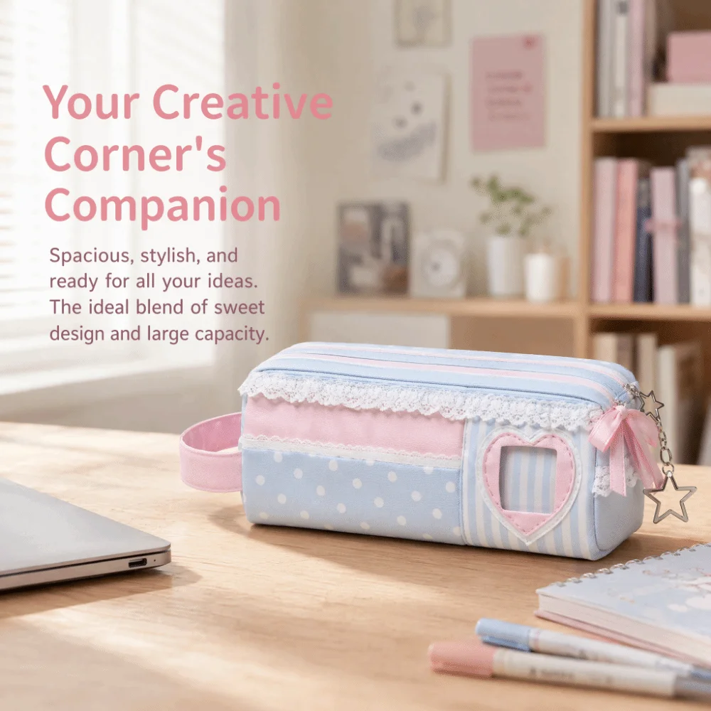 Kawaii Pink Blue Pencil Case Polka Dot Design Large Capacity Pencil Pouch Pen Bag School Office Supplies