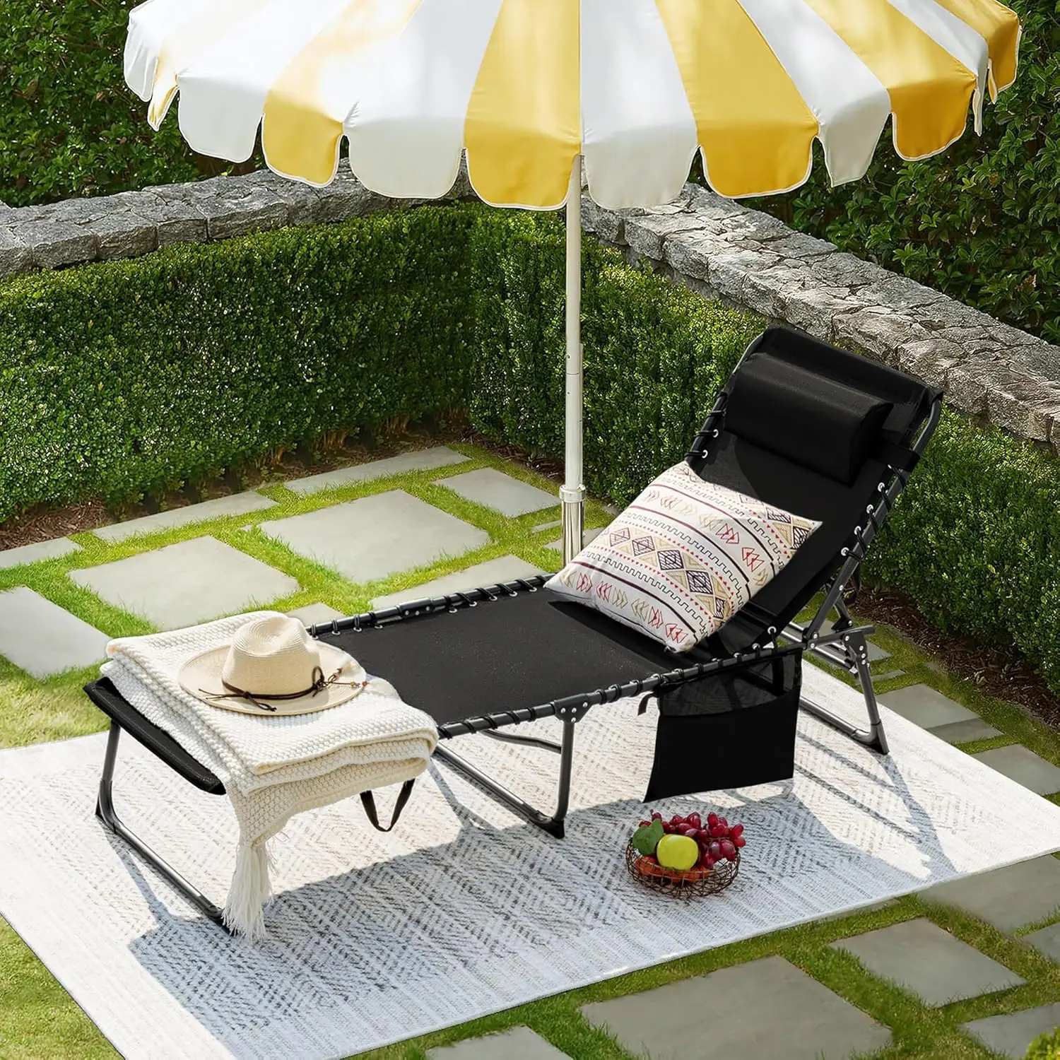 Foldable Chaise Lounge Chair 5-Position Adjustable, Tanning Chair with Side Pocket, Outdoor Sunbathing for Pool Beach Patio Lawn