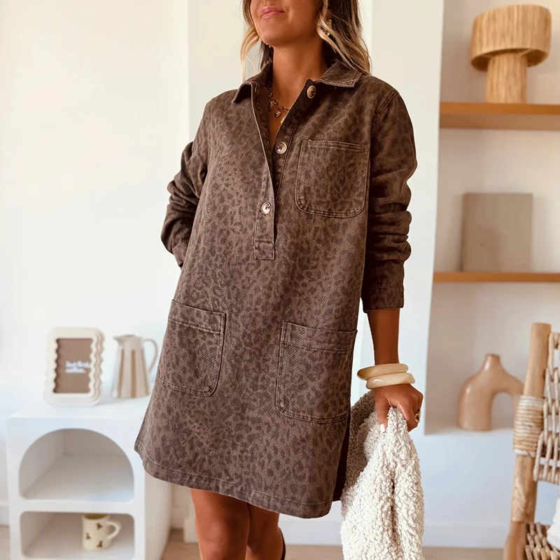 خمر ليوبارد طباعة جيب مكتب اللباس المرأة عارضة عالية الخصر ألف خط فساتين الربيع طويلة الأكمام فضفاضة الدنيم فستان قصير