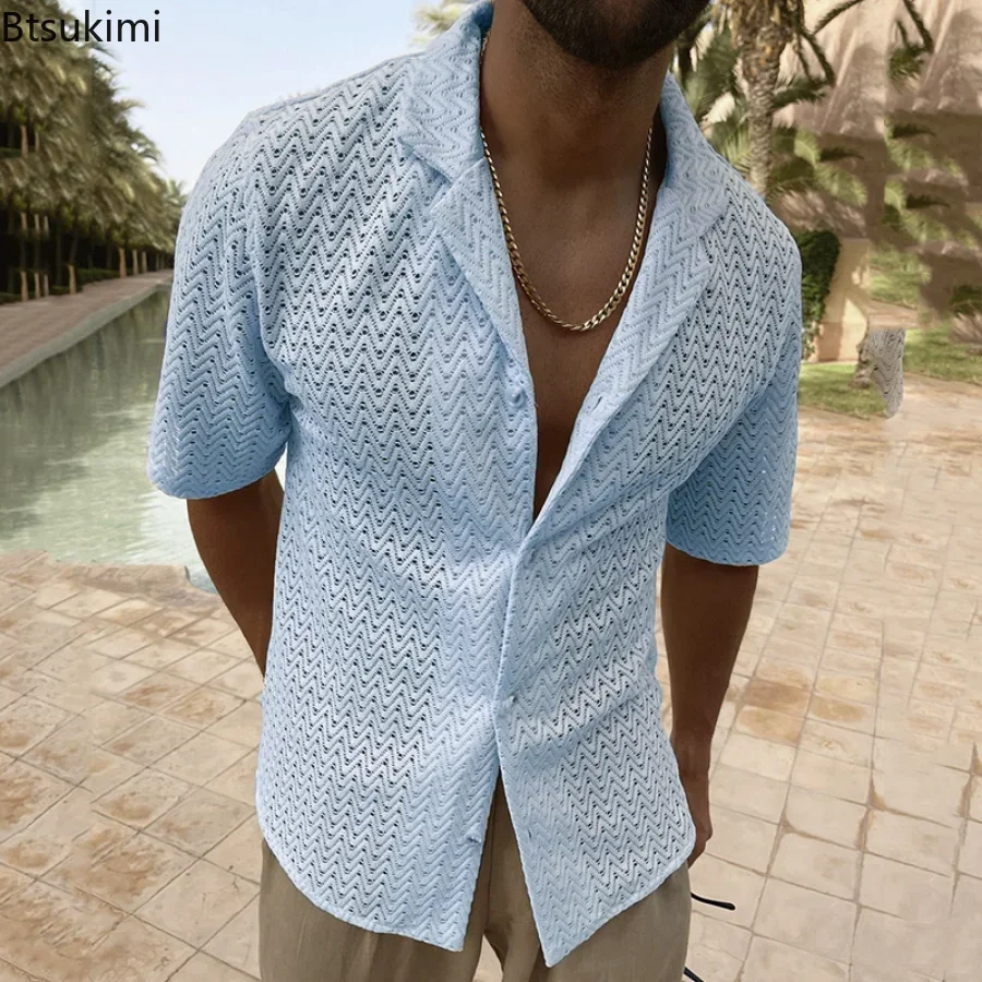 New Men's Summer Hollow Out Knitted Short Sleeve Shirts Men Solid Button Lapel Tops Shirts For Men Clothes Leisure Shirt Tops