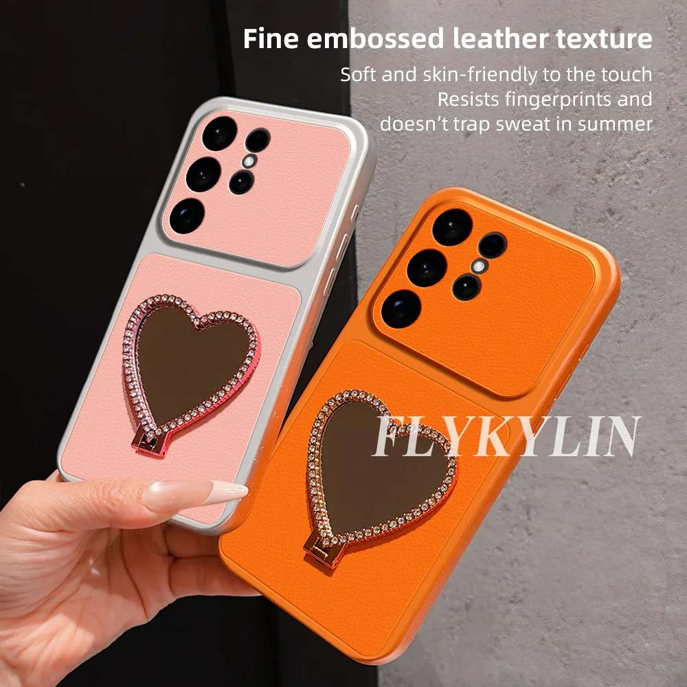 For Samsung A15 A25 A35 A55 A05 A05S A14 A24 A34 A54 5G Litchi Skin Shock-absorbing Phone Case With Heart-shaped Mirror Holder