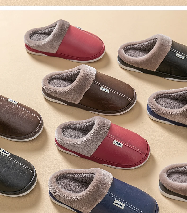 Herren Winter PU-Leder Wasserdichte Geschlossene Warme Hausschuhe, Slip-On mit Dickem Plüschfutter, Rutschfeste Weiche Sohle, Gemütliche Hausschuhe – Detail 13
