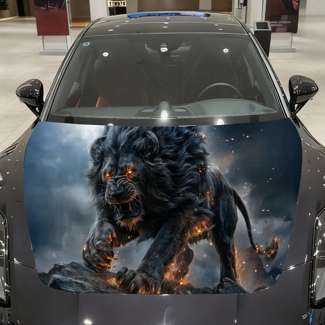 

Spark Demon Lion Car Vinyl Wrap, PVC Material Waterproof Car Hood Sticker, Self-Adhesive Scratch-Resistant Stickers for Engine C