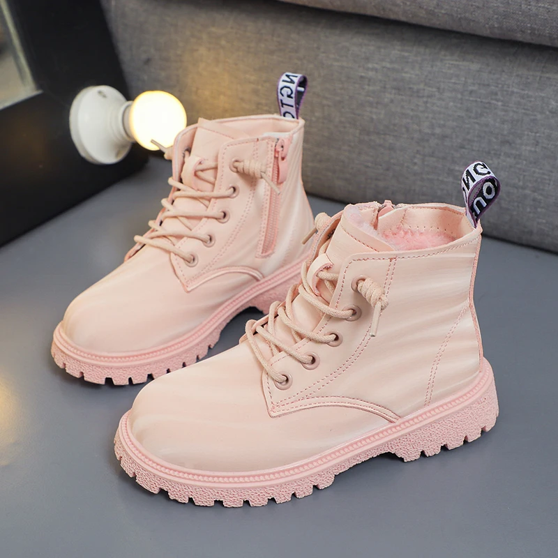 Leather Children Boots Girls Plush Shoes Winter Warm Cotton Sneaker Casual Sports White Pink Lace Up Snow Short Boots for Girl