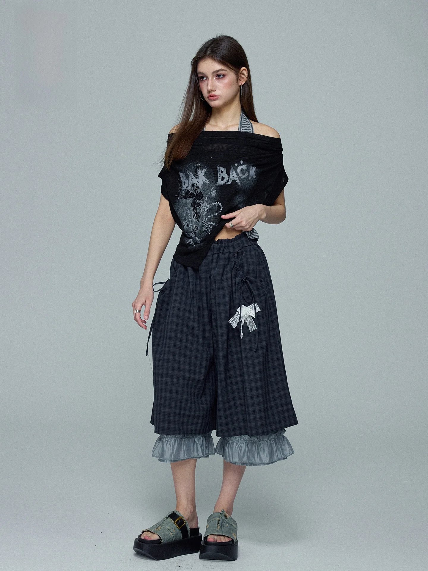 Rock Style Shoulder Bared T Shirt Two Piece Set Short Sleeve Printed Casual Women's Fashion Breathable Skin Friendly Polyeste...