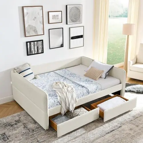 Queen Daybed with Pullout Drawers, Modern Queen Size Day Bed Frame, Upholstered Sofa Bed Frame Daybeds Furniture for