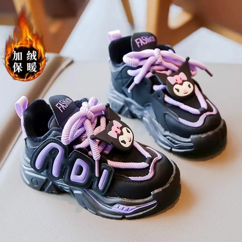 Anime Winter Kawaii Child Kuromi Girls Plus Velvet Cotton Shoes Sneakers Sports Shoes Sanrios Cartoon Cute Warm Casual Shoes