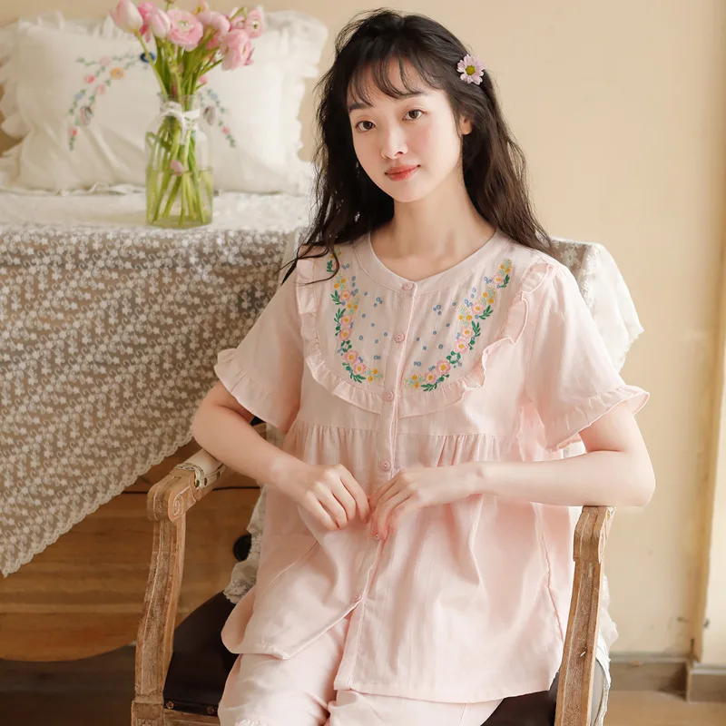 

Luxury Women Cotton 3 4 Sleeve Shorts Pajama Set Embroidery Home Clothes Sleepwear Two Piece Spring Summer