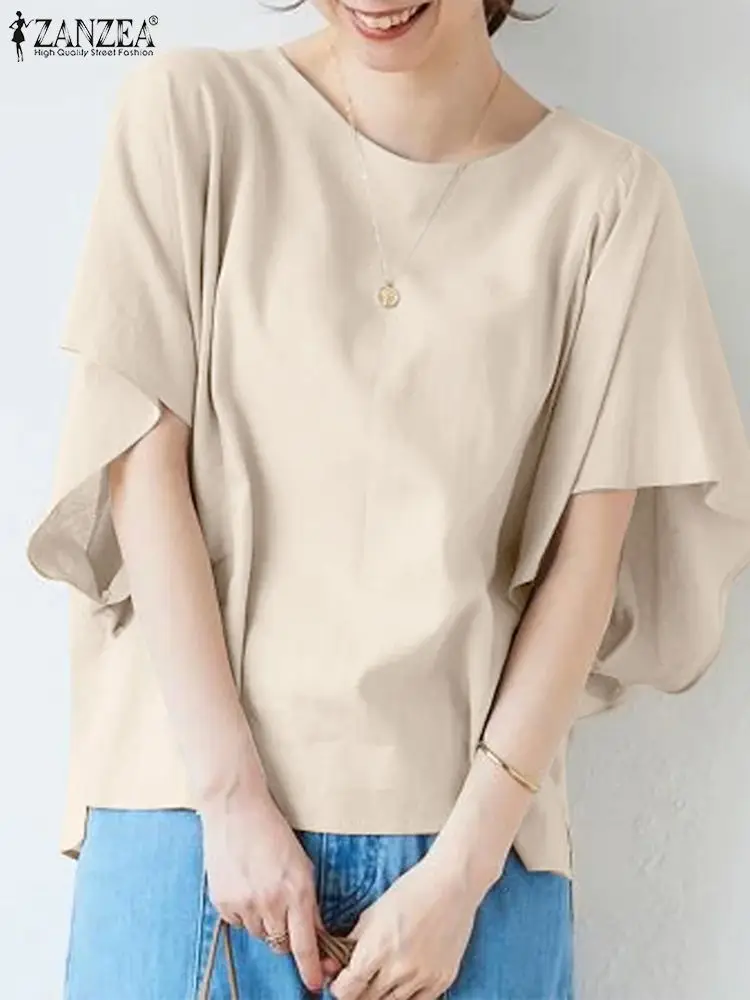 ZANZEA 2024 Summer Round Neck Chiffon Women Ruffle Sleeve Blouse Baggy Shirt Blusas Elegant Office Tunic Lady Designer Chic Tops