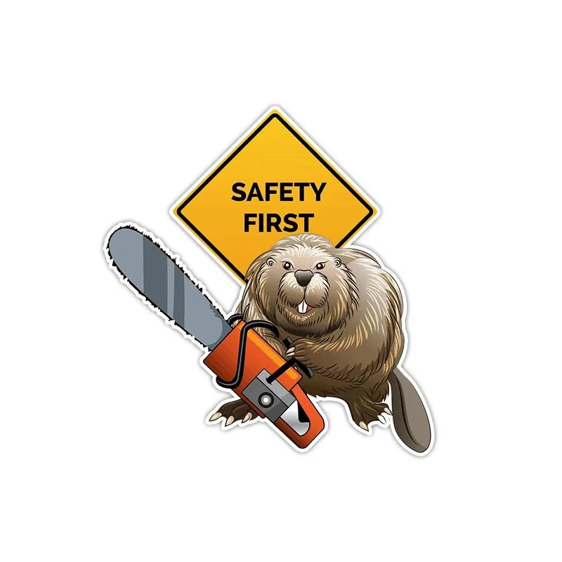 

Funny Warning Car Sticker - "Safety First" - Cartoon Beaver with Chainsaw Design - Trendy PVC Vinyl Bumper Decal