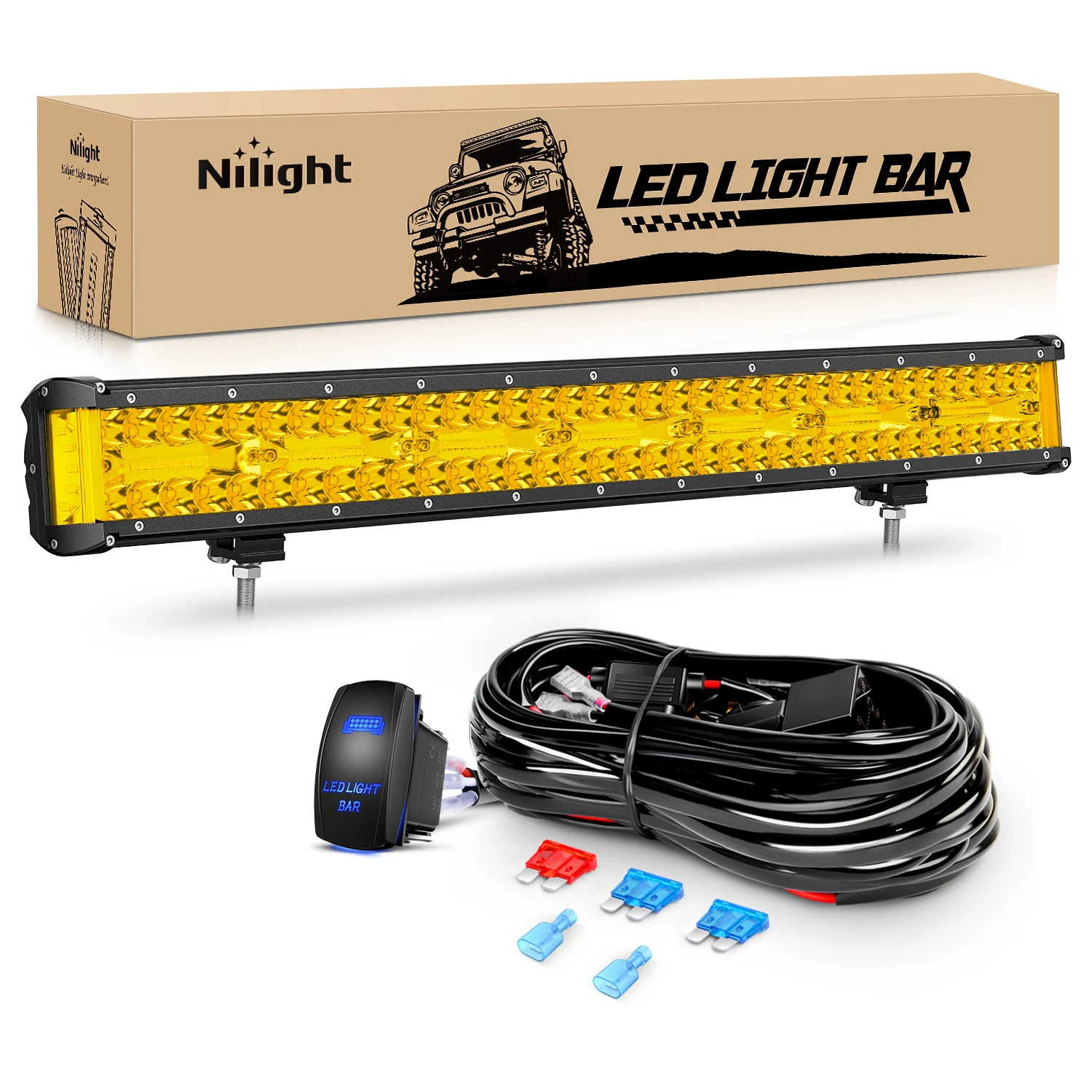 Nilight Side Shooter LED Light Bar 20 Inch Triple Row Spot Flood Combo Yellow Beam Lighting with 5Pin Rocker Switch Wiring Harness Kit for Off-Road Light on Truck SUV ATV UTV 12Inch45W