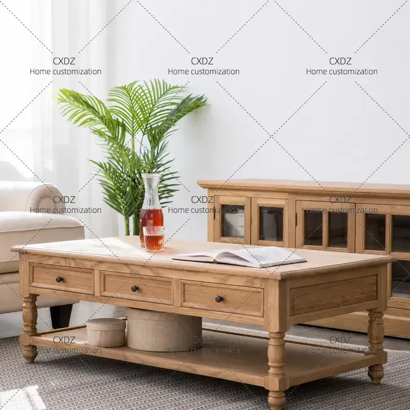 Solid Wood Coffee Table for Living Room Neoclassical Rectangular Retro Style Customizable Center Table