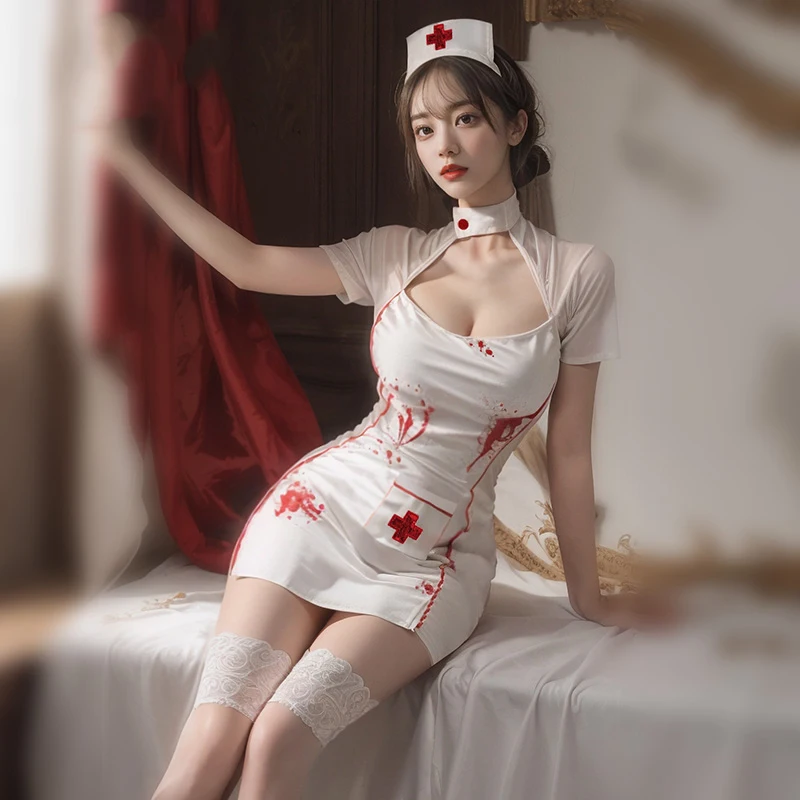 Sexy Lingerie Cosplay Nurse Uniform Set Halloween Women Vampire Doctor Dress Erotic Nurse Exotic Costume Hollow Out Sexy Dress