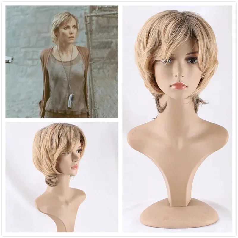 Zz04zz12New Silent Hill Rose Da Silva peluca europea y americana para mujeres pelo corto y rizado esponjoso dorado Cosplay de Halloween