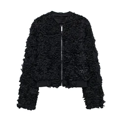 Tangada 2024 Women Black 3D Flowers Oversized Crop Jacket Coat Zipper Long Sleeve Female Outwear 3H0767