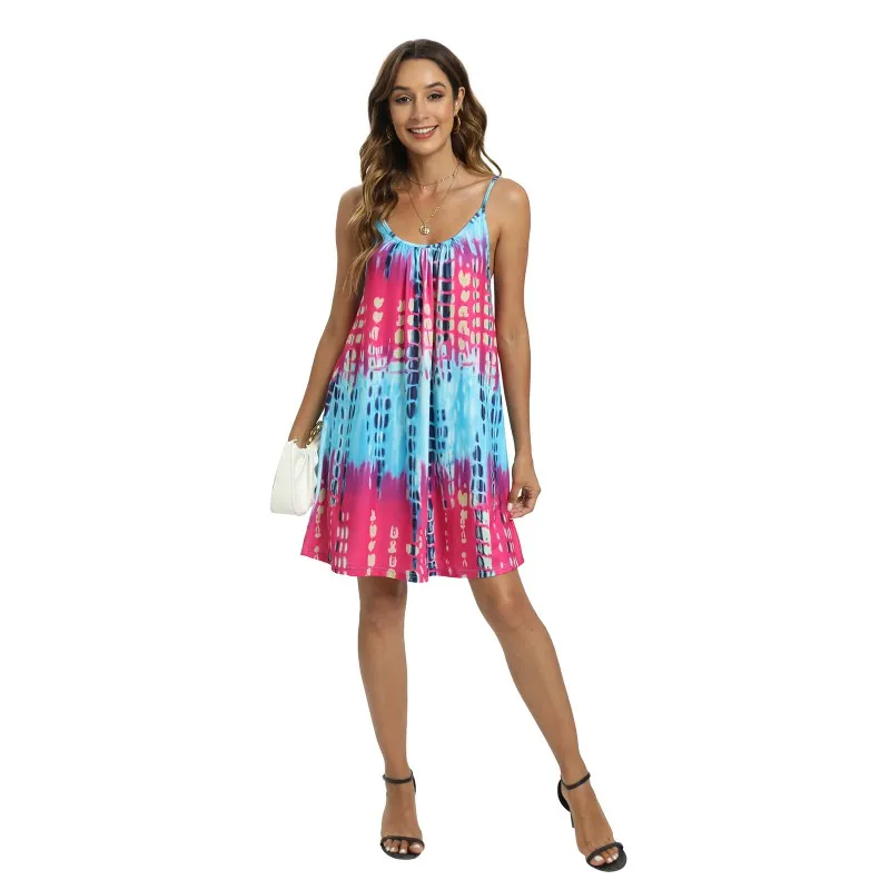 

Women's Tie-Dye Printed Loose Sleeveless Halter Dress Summer Puffy Beach Vacation Short Dresses