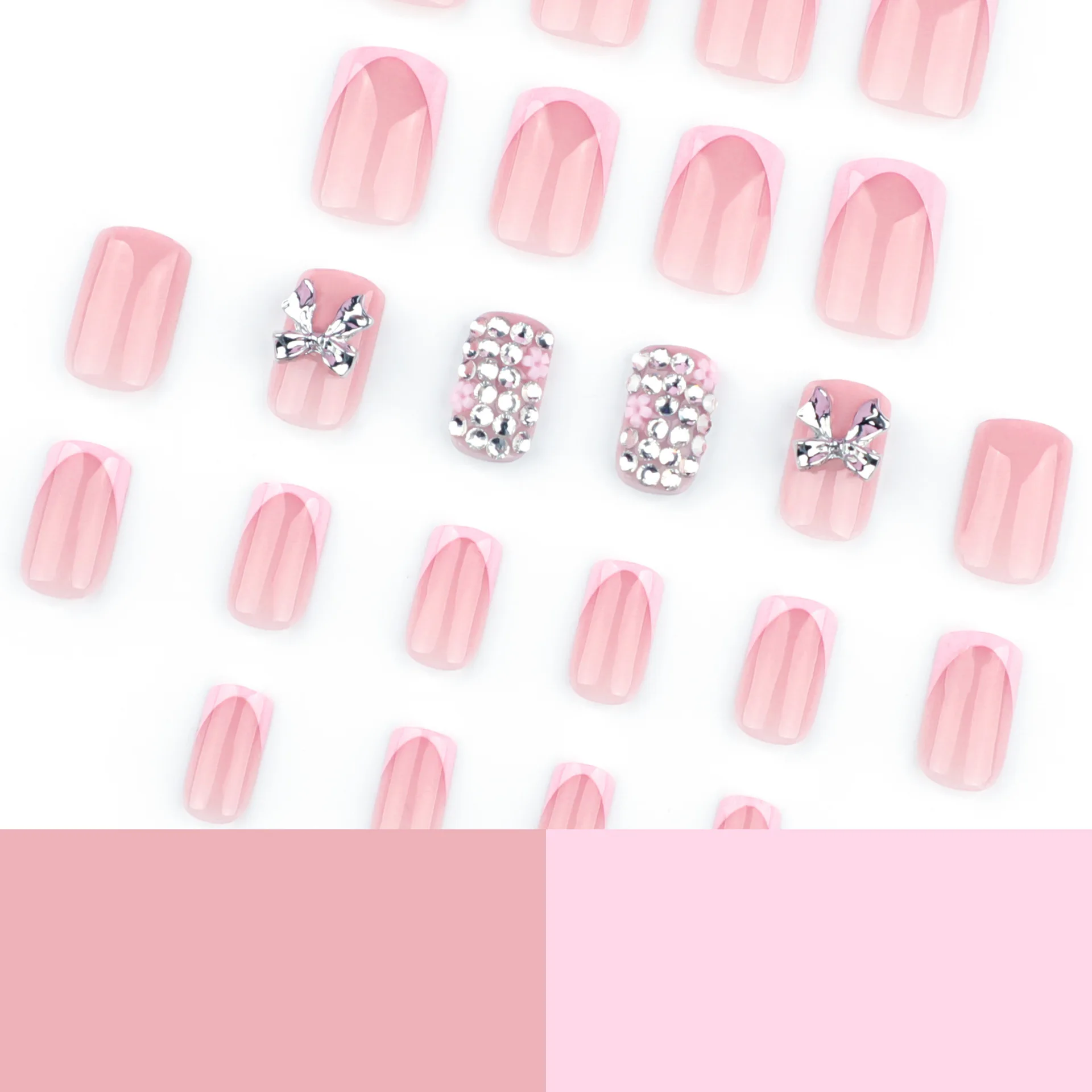 24pcs French Style Pink False Nails Short Square Metal 3D Bowknots Decor Press On Nails Flash Diamond Charming Fake Nail Patches