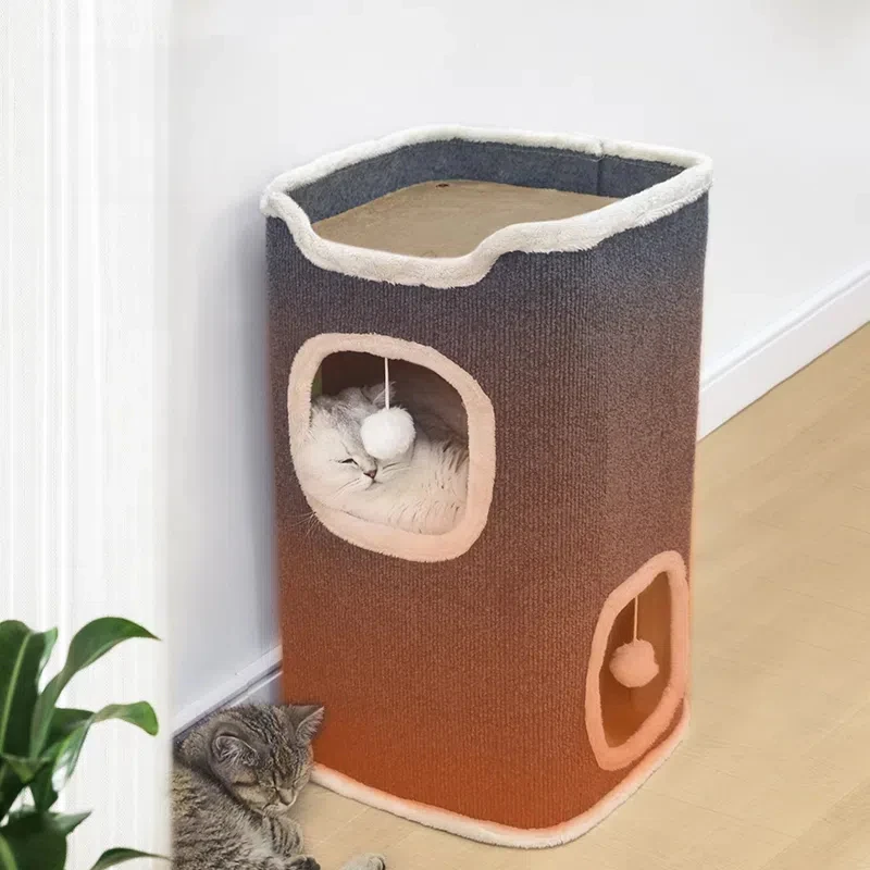 3-tiers Cat Bed Pet House Covered Cave with soft mat Large Hideaway Cat Tent with Fluffy Ball Hanging