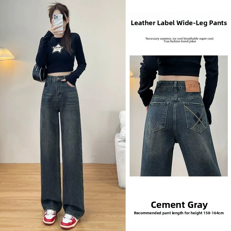 

Retro Wide Leg Denim Jeans Women's Cement ey Embroidery High Waist Slim Loose Straight Leg Pants Spring Summer 2025 New Arr...