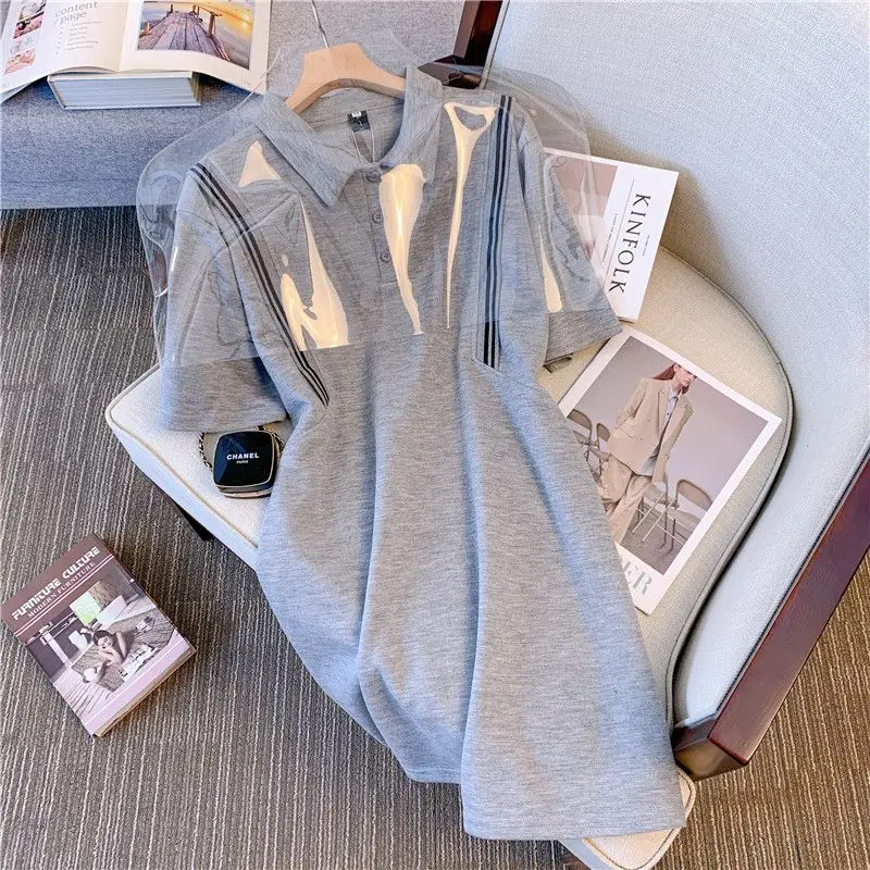 ผู้หญิงฤดูร้อนแขนสั้น Spliced เสื้อโปโลเสื้อยืดหลวมอินเทรนด์สบายๆสไตล์ใหม่น้ําหนักเบาแฟชั่นสีทึบ