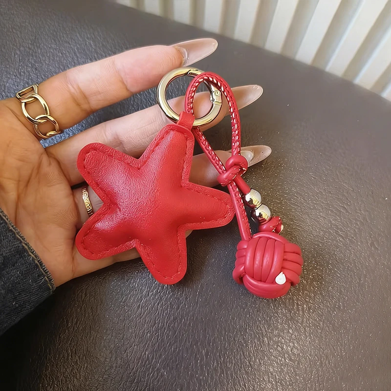 Colorful Five-Pointed Star Braided Rope Leather Keychain Cotton Filled Hanging Bag Pendant New Design Star Ball Key Holder