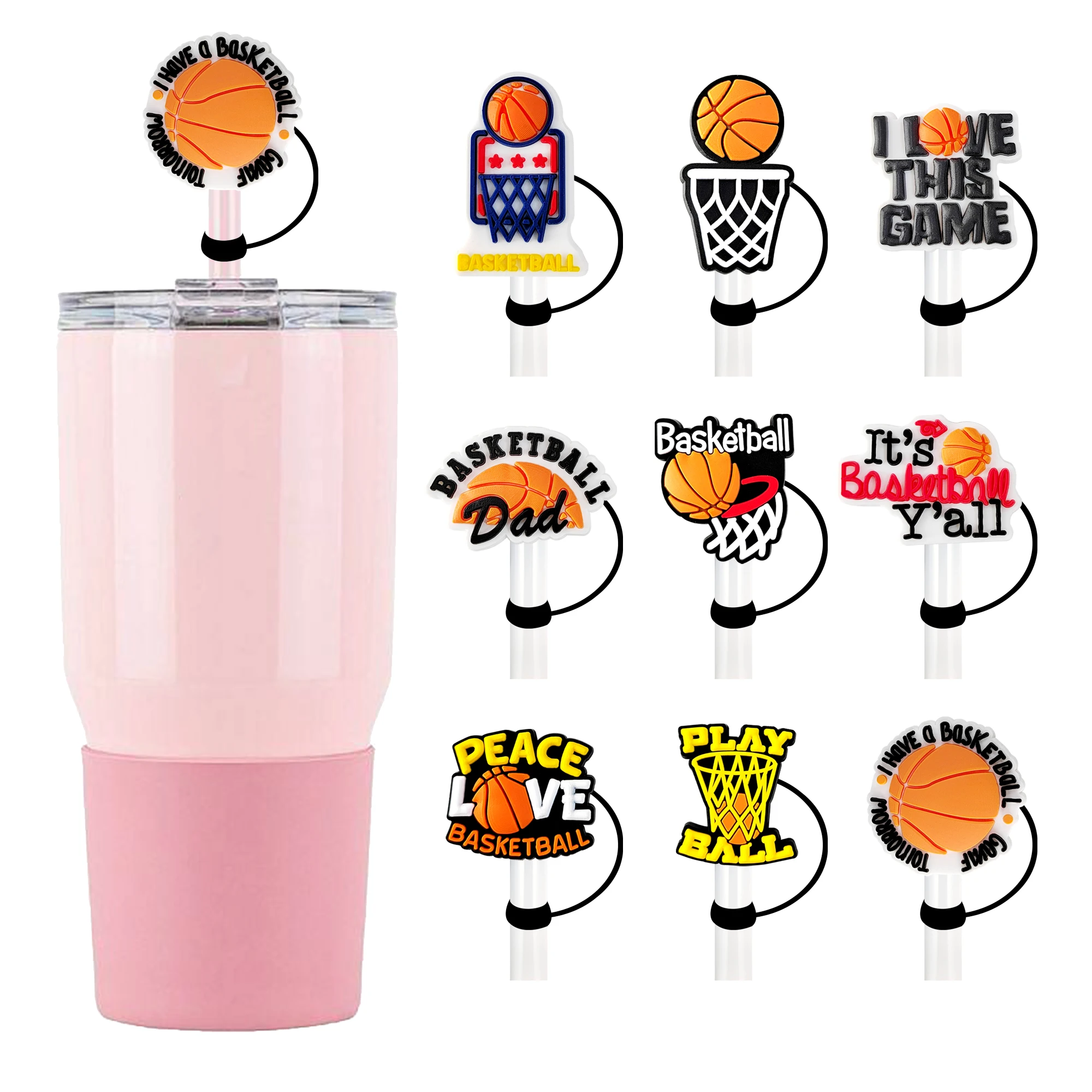 1-9Pcs Peace Love Basketball Silicone Straw Covers Splash Proof 10mm Straw Caps For Stanley 30&40 Oz Tumble Dust-Proof Boys Gift