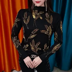 Women's Autumn Winter Fashion Elegant Half High Collar Pullover Long Sleeved Bottom Casual Versatile Slim Fit Western-style Tops