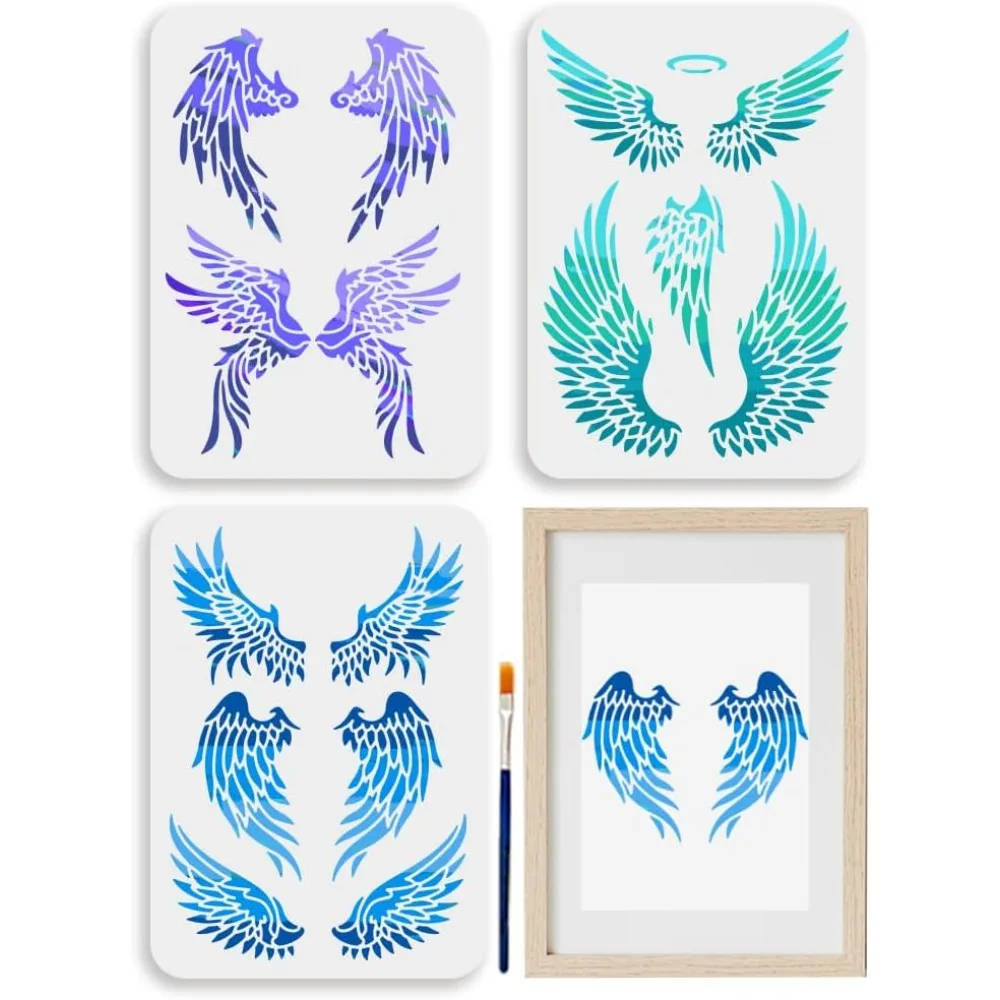 3pcs Angel Wings Stencil 11.7×8.3inch Feather Painting Stencils with Paint Brush Reusable Angel Devil Bird Wings Stencil