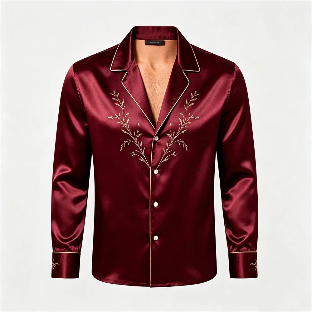 Men Men Luxury Satin Long Sleeve Shirt Leaf Embroidery Notch Lapel Glossy Silk Texture Casual Party Banquet Formal Button Up Tops - Aliexpress Deal