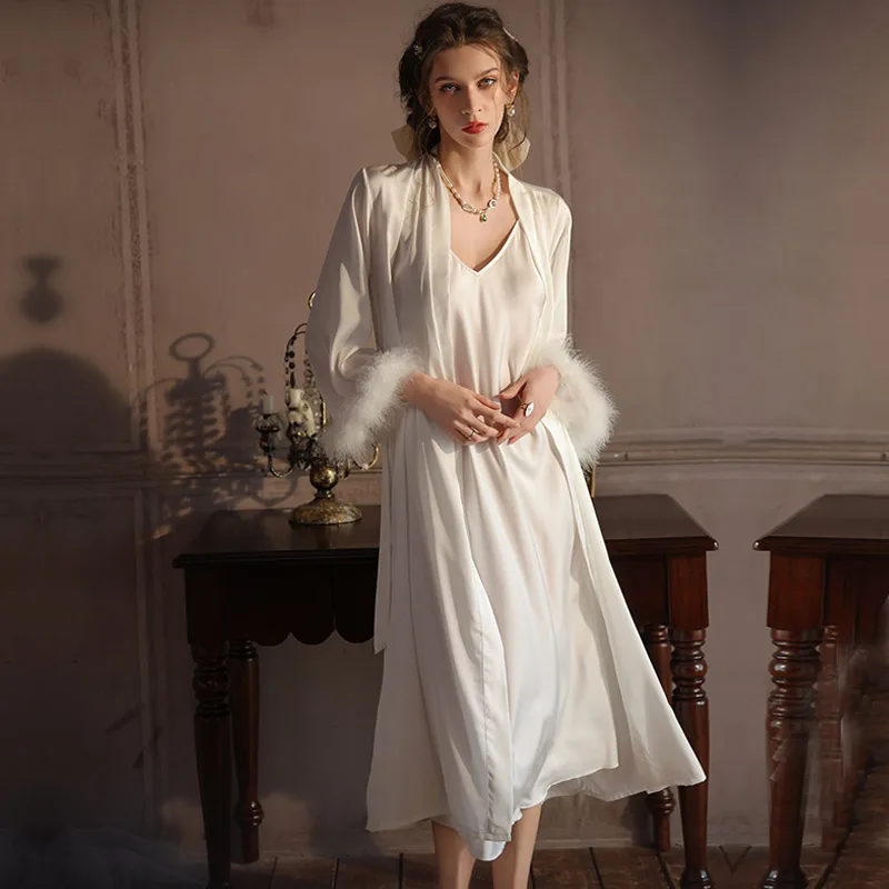 

DAIMELU robe fairy feathers white high-end nightdress light luxury sleepwear lady nightwear women Nightgowns set female pajamas