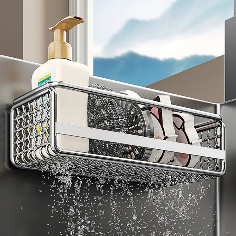 Wall Mounted Kitchen Sink Organizer Stainless Steel Rustproof Kitchen Storage Holder Hollow Drainage Space Saving