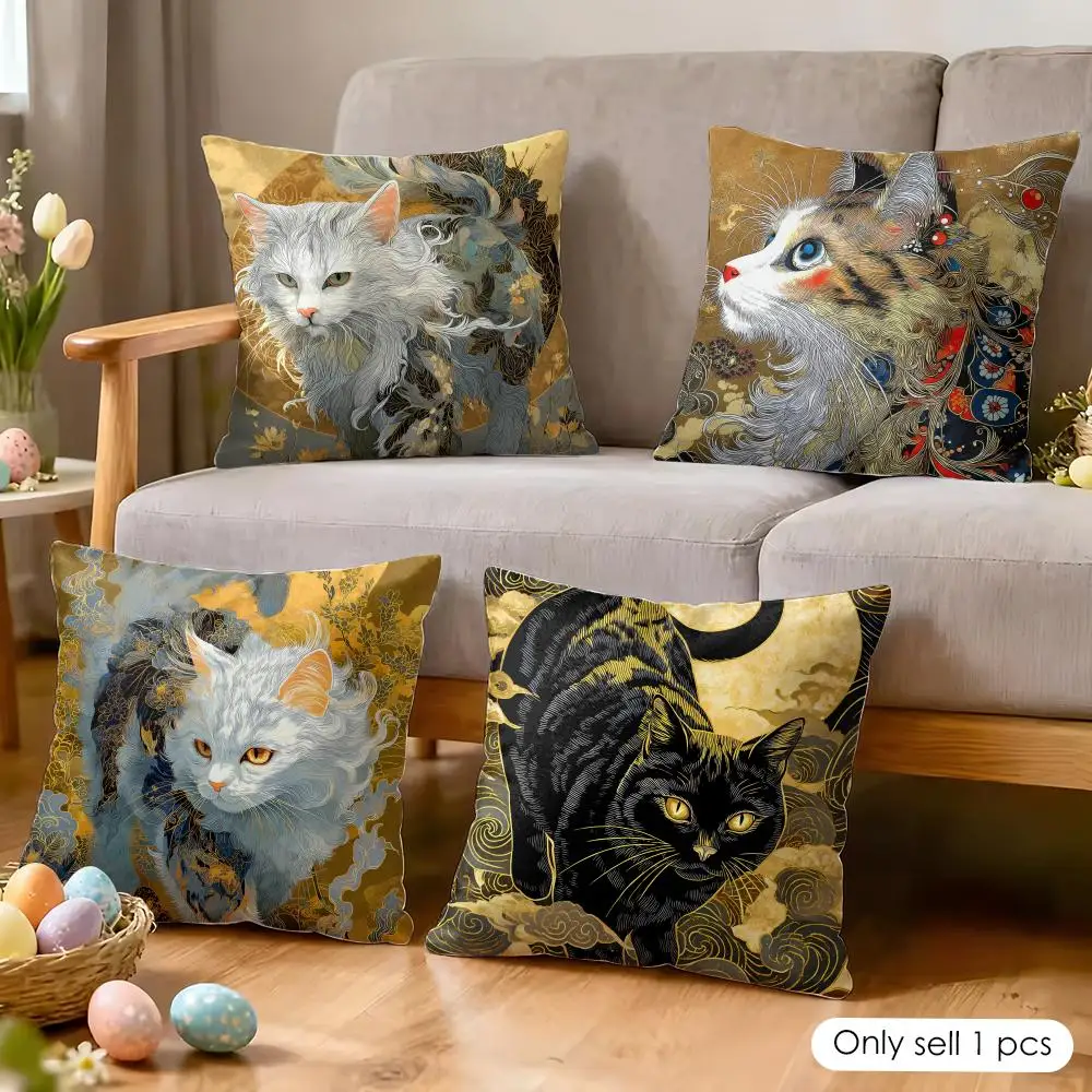 Japanese Style Cat Art Cushion Cover Soft Short Plush Pillow Cover Smooth Cozy Texture Aesthetic Cushion Case Home Decor