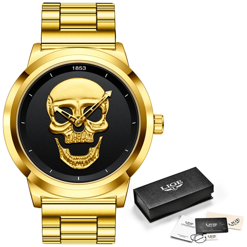 LIGE Top Luxury Brand Gold Black Skull Men Watches with Stainless Steel Sports Waterproof Quartz Clocks Male Creative Wristwatch