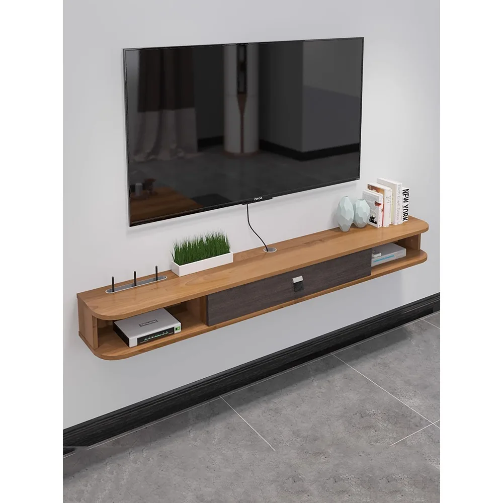 Minimalist modern hanging wall mounted TV cabinet, set-top box on wall, living room wall, solid wood set-top box storage rack