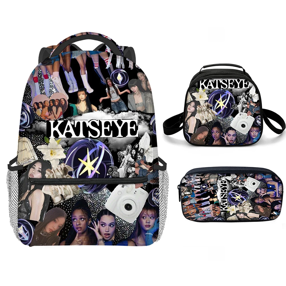 Classic Popular Funny Katseye 3D Print 3pcs/Set School Bags Laptop Daypack Backpack Semi-circular shape Lunch bag Pencil Case