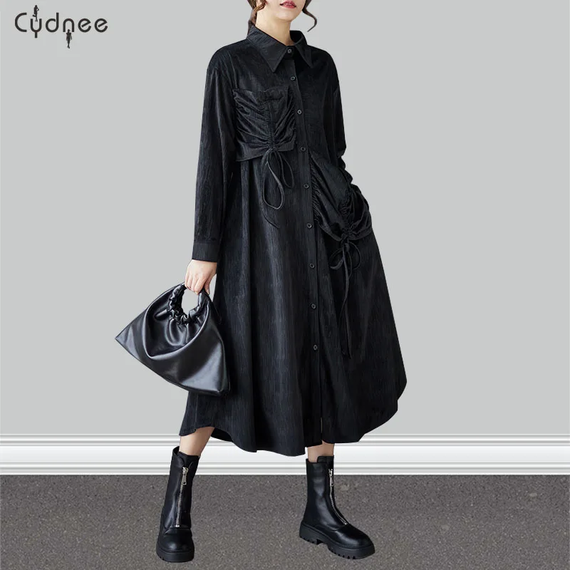 New Solid Color Drawstring Design Vintage Dress Women Solid Color Long Sleeve Casual Spring and Autumn Long Lapel Dress Women