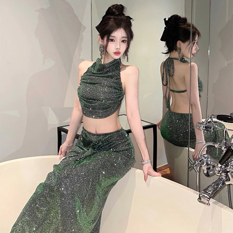 Real Shot European and American Sexy Shiny Silk Pile Collar Halter Neck Backless Tie Short Top Vest Half Skirt Two-Piece Set