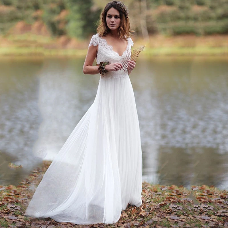 Boho Beach abiti da sposa profondo scollo a v maniche ad aletta bottone in pizzo indietro abiti da sposa in Chiffon per la sposa Plus Size Vestido de Novia