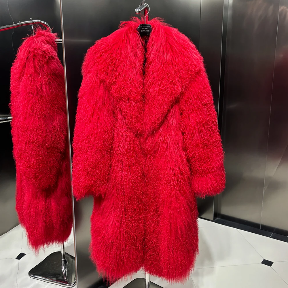 2024 Winter Red Warm Turn-Down Collar Real Mongolia Sheep Fur Jacket Long Women Outerwear