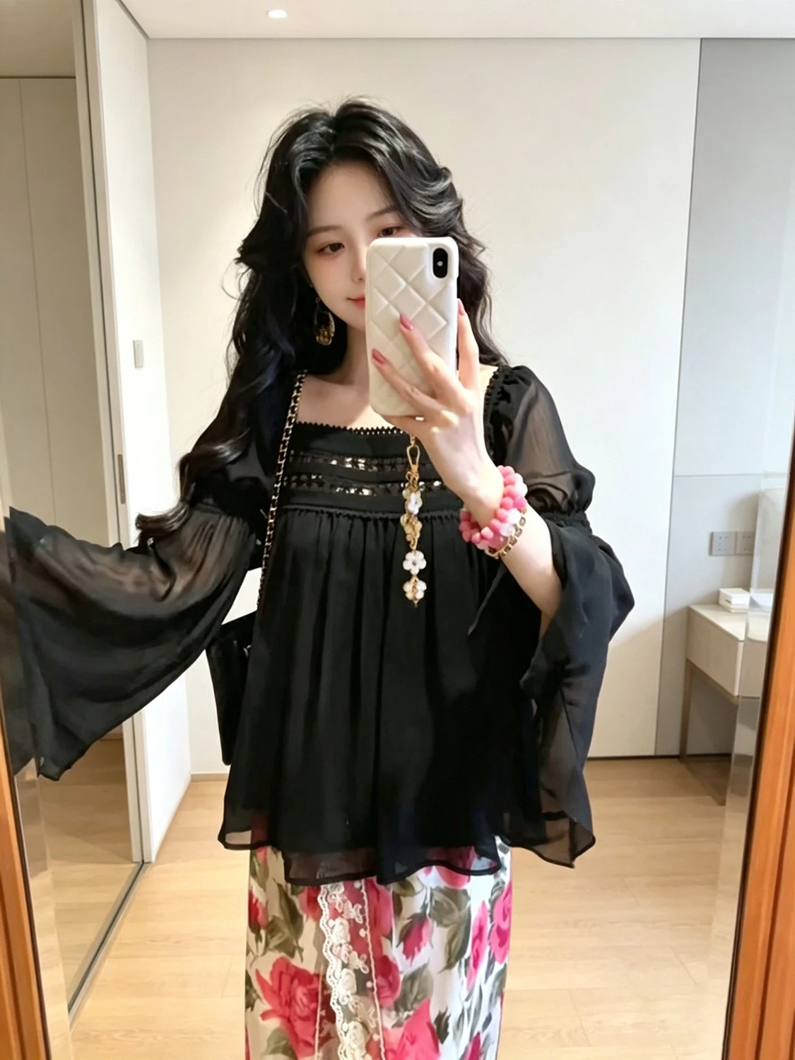 Elegant Pure Color Black Lace Square Collar Long Sleeve Bell Sleeve Women's Fashion Top Trendy Commute Style Korean Loose Fit 4